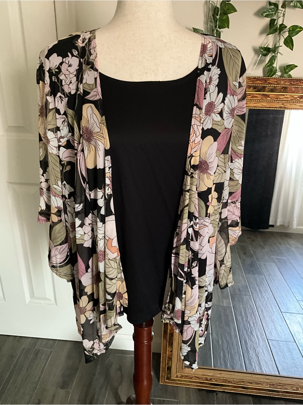 Sara Michelle Black Floral Trim Open Cardigan with Pink & Cream Accents